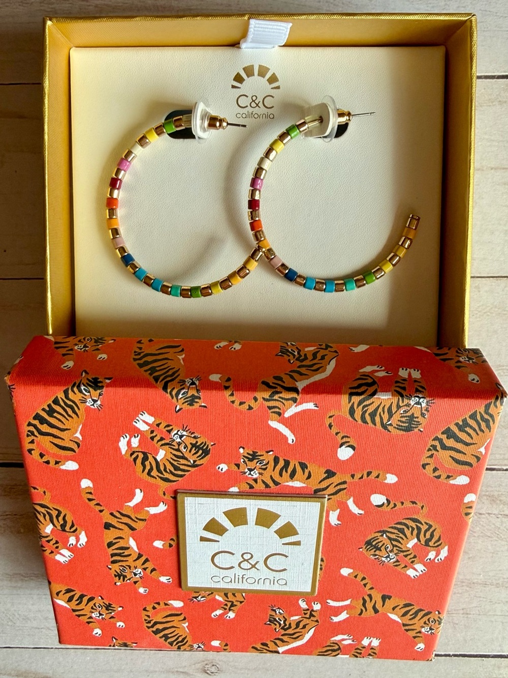 C&C California Rainbow Beaded Hoop Post Earrings with Gold Accents